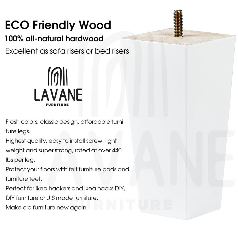 La Vane 8 inch Wooden Furniture Legs, Set of 4 Solid Wood Square White Mid-Century Modern Replacement Bun Feet with Pre-Drilled 5/16 Inch Bolt & Mounting Plate & Screws for Couch Sofa Armchair - Image 3